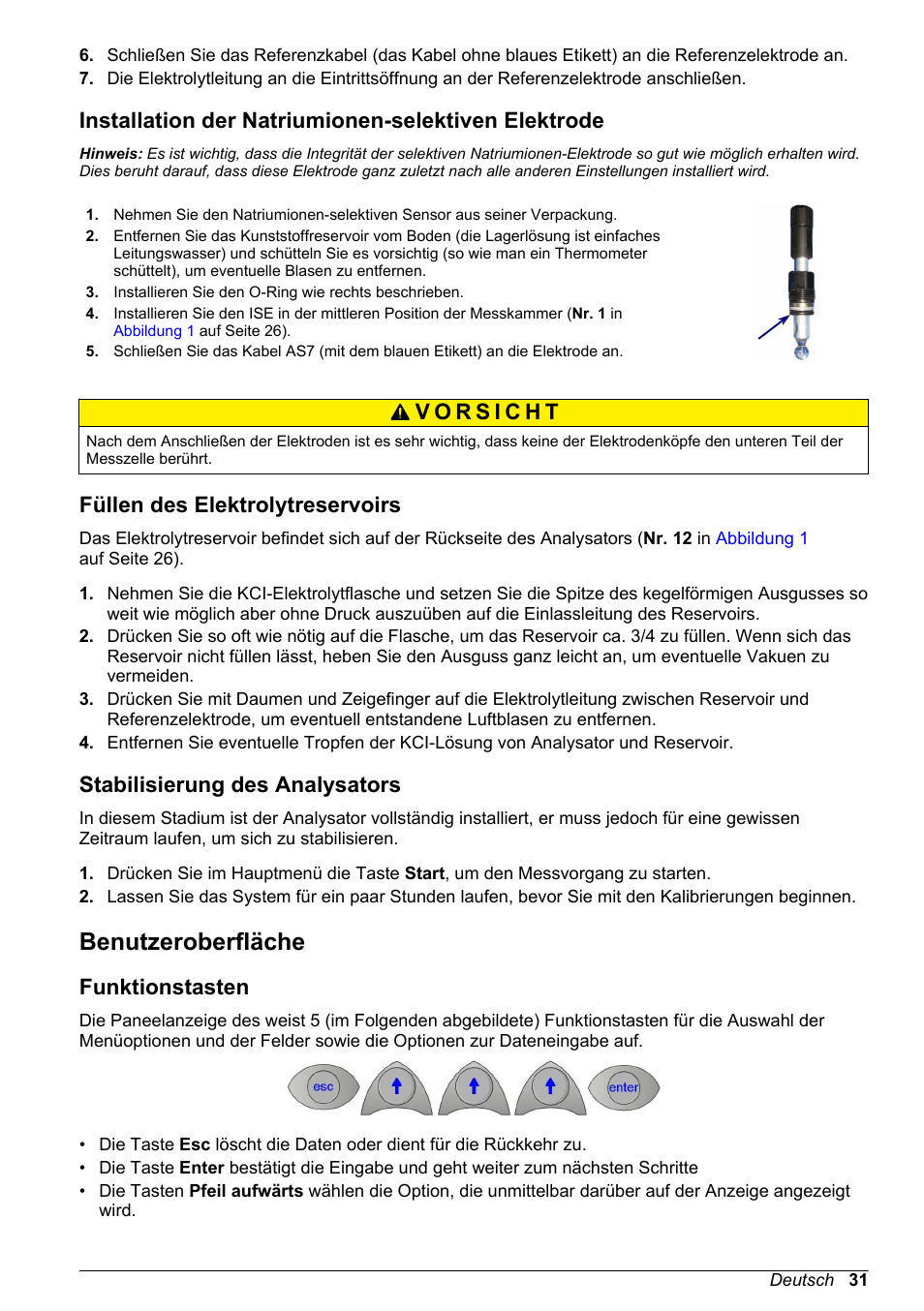 Installation der natriumionen-selektiven elektrode, Füllen des elektrolytreservoirs, Stabilisierung des analysators | Benutzeroberfläche, Funktionstasten, Auf seite 31 | Hach-Lange POLYMETRON 9245 Basic User Manual User Manual | Page 31 / 110