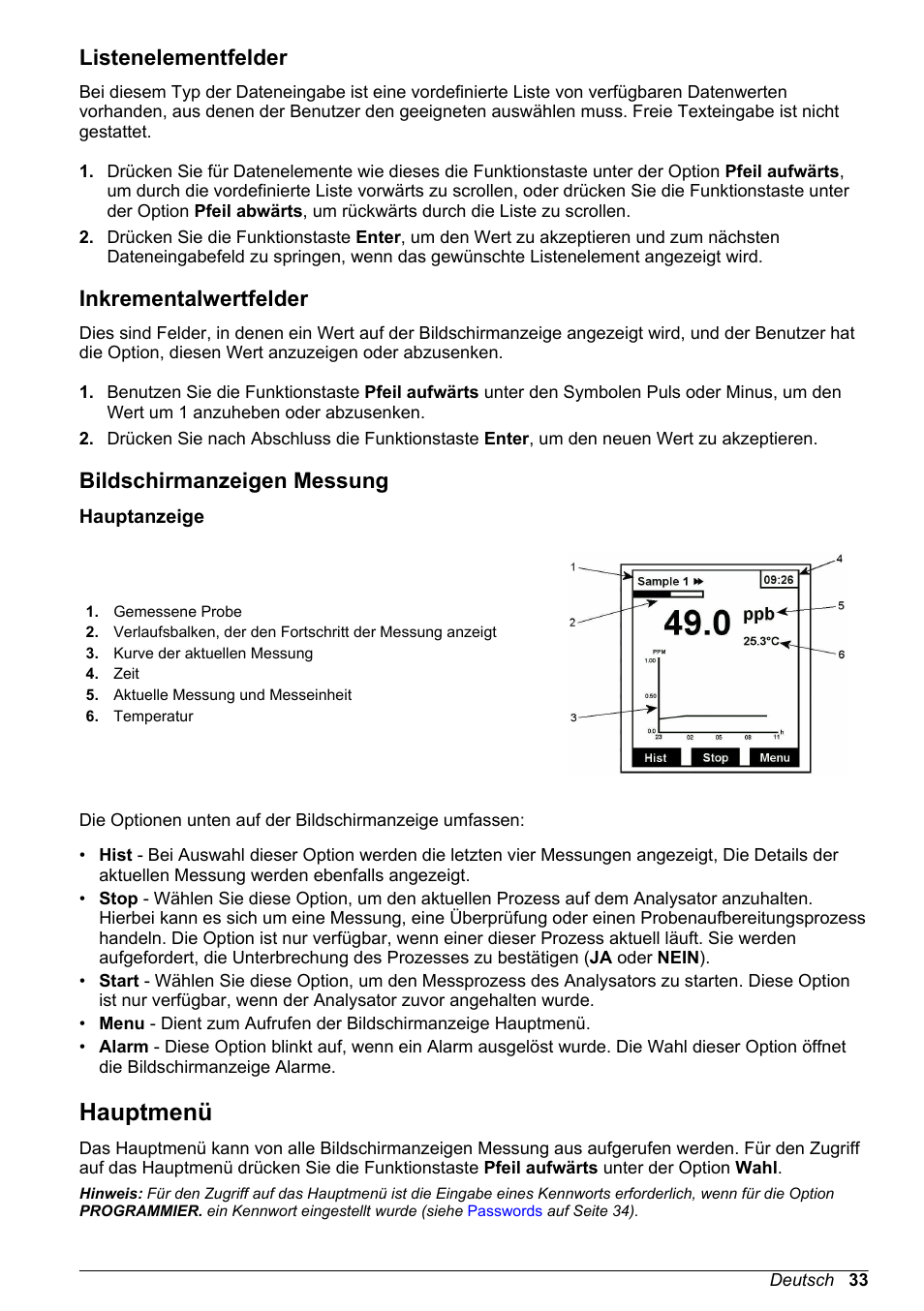 Listenelementfelder, Inkrementalwertfelder, Bildschirmanzeigen messung | Hauptanzeige, Hauptmenü | Hach-Lange POLYMETRON 9245 Basic User Manual User Manual | Page 33 / 110