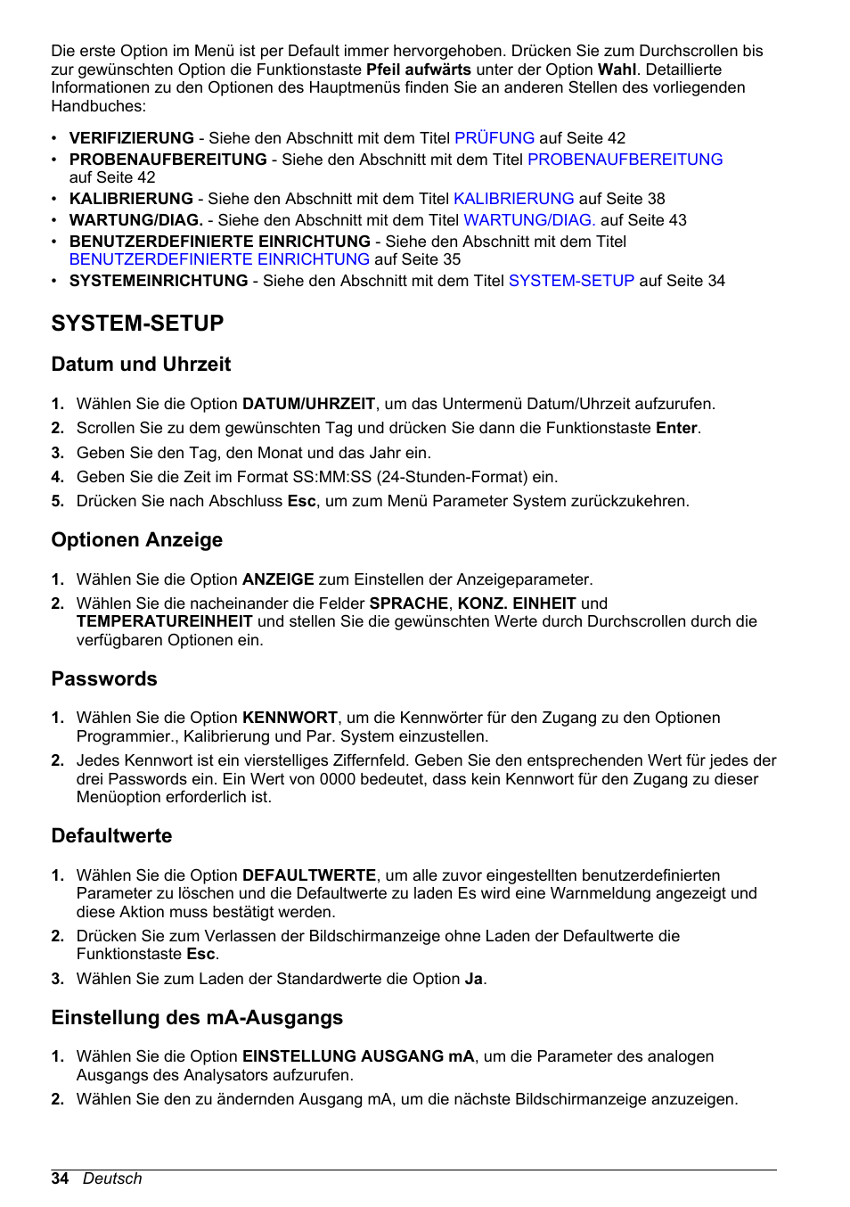 System-setup, Datum und uhrzeit, Optionen anzeige | Passwords, Defaultwerte, Einstellung des ma-ausgangs | Hach-Lange POLYMETRON 9245 Basic User Manual User Manual | Page 34 / 110