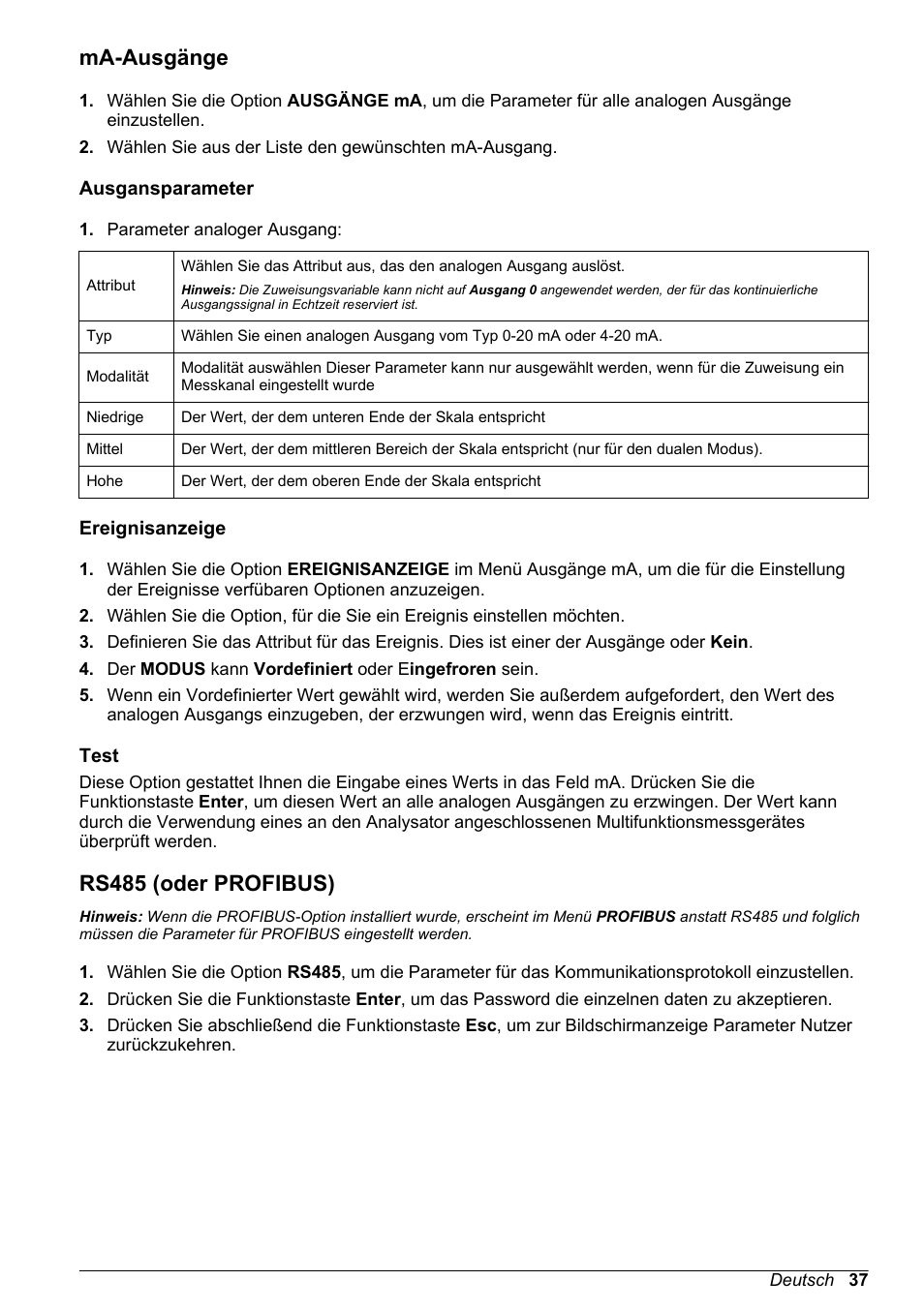 Ma-ausgänge, Ausgansparameter, Ereignisanzeige | Test, Rs485 (oder profibus), Auf seite 37 | Hach-Lange POLYMETRON 9245 Basic User Manual User Manual | Page 37 / 110