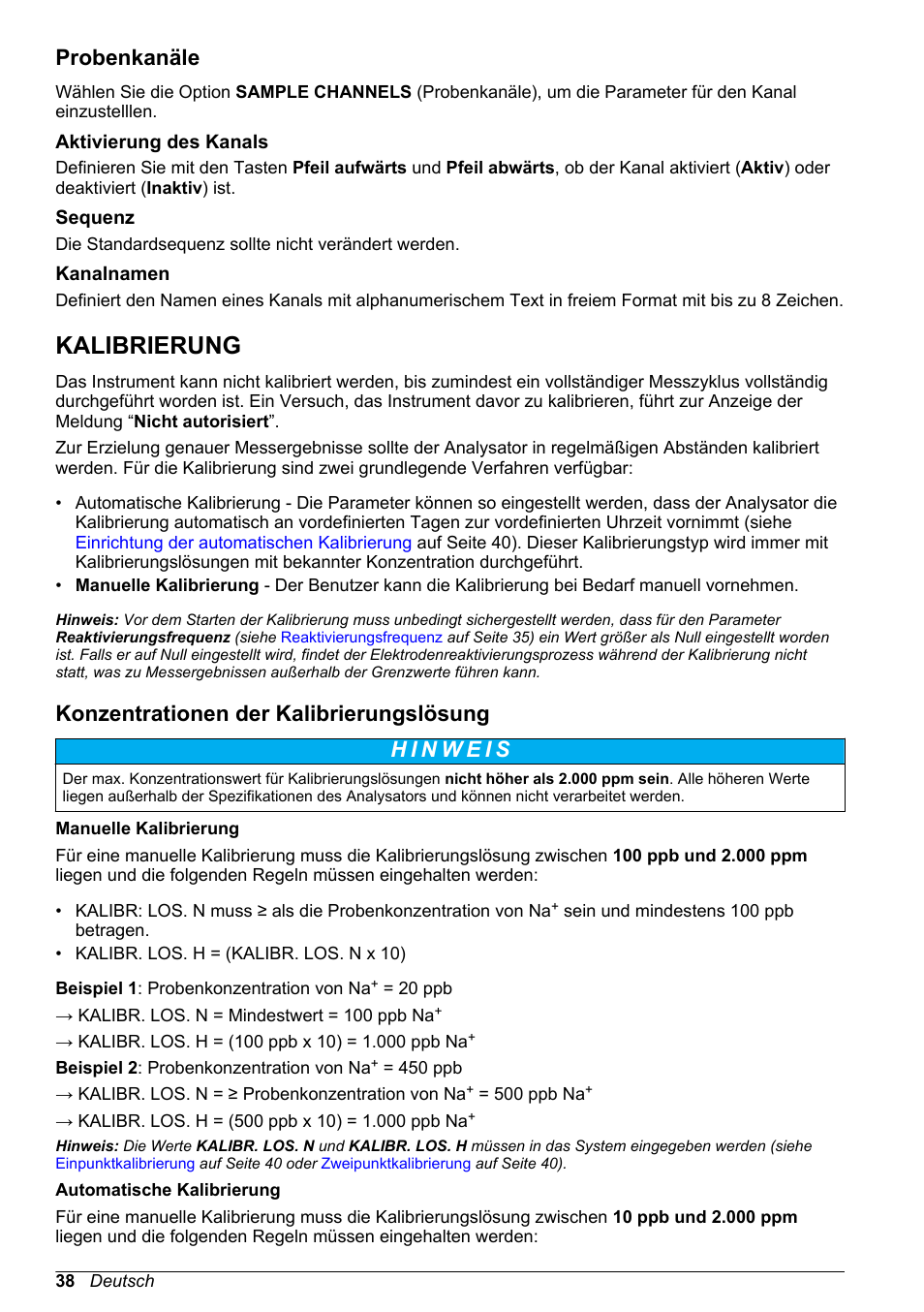 Probenkanäle, Aktivierung des kanals, Sequenz | Kanalnamen, Kalibrierung, Konzentrationen der kalibrierungslösung | Hach-Lange POLYMETRON 9245 Basic User Manual User Manual | Page 38 / 110