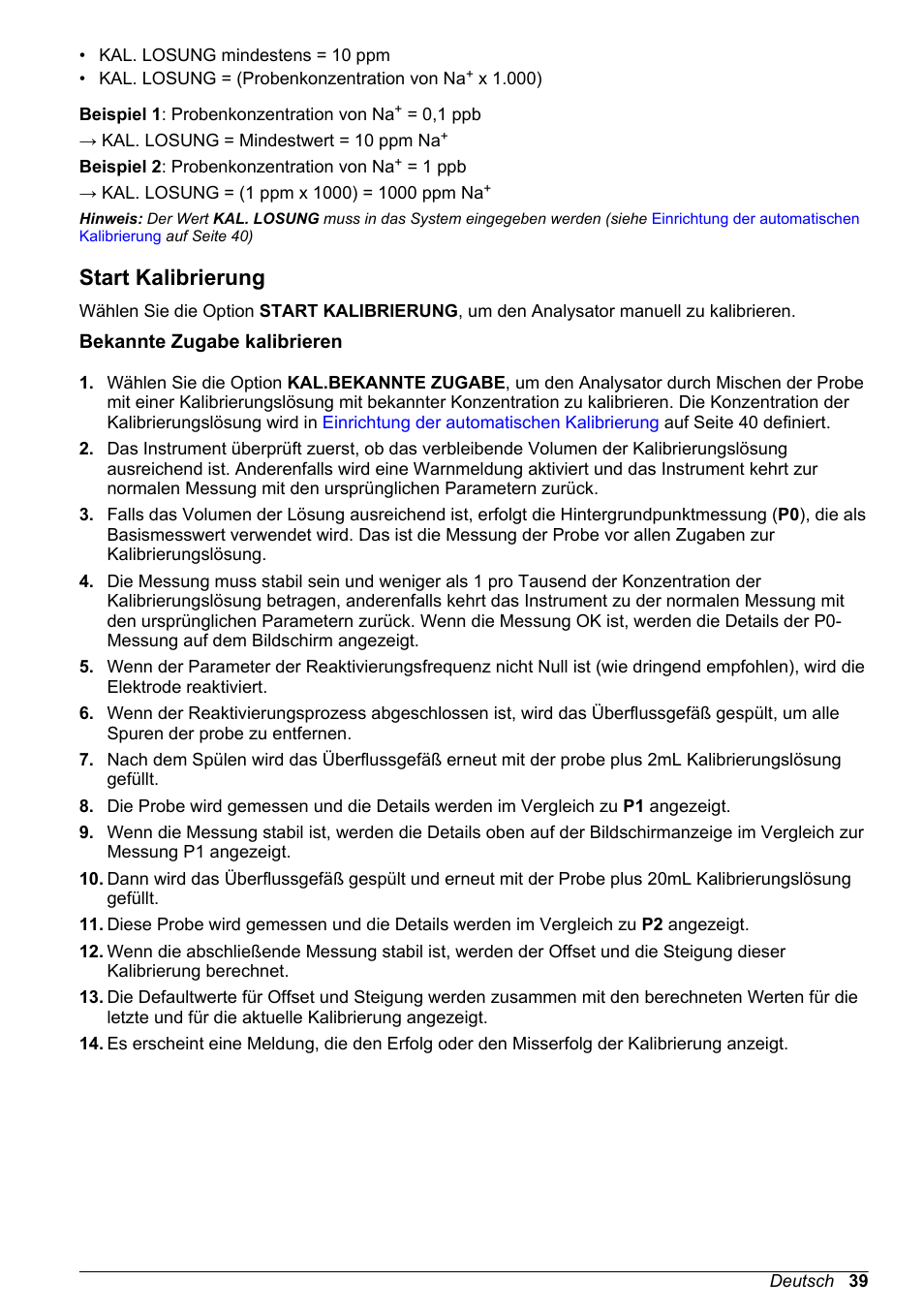 Start kalibrierung, Bekannte zugabe kalibrieren | Hach-Lange POLYMETRON 9245 Basic User Manual User Manual | Page 39 / 110