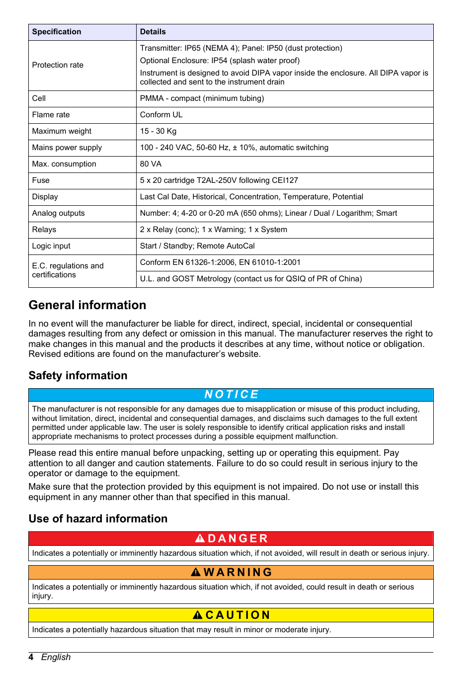 General information, Safety information, Use of hazard information | Hach-Lange POLYMETRON 9245 Basic User Manual User Manual | Page 4 / 110