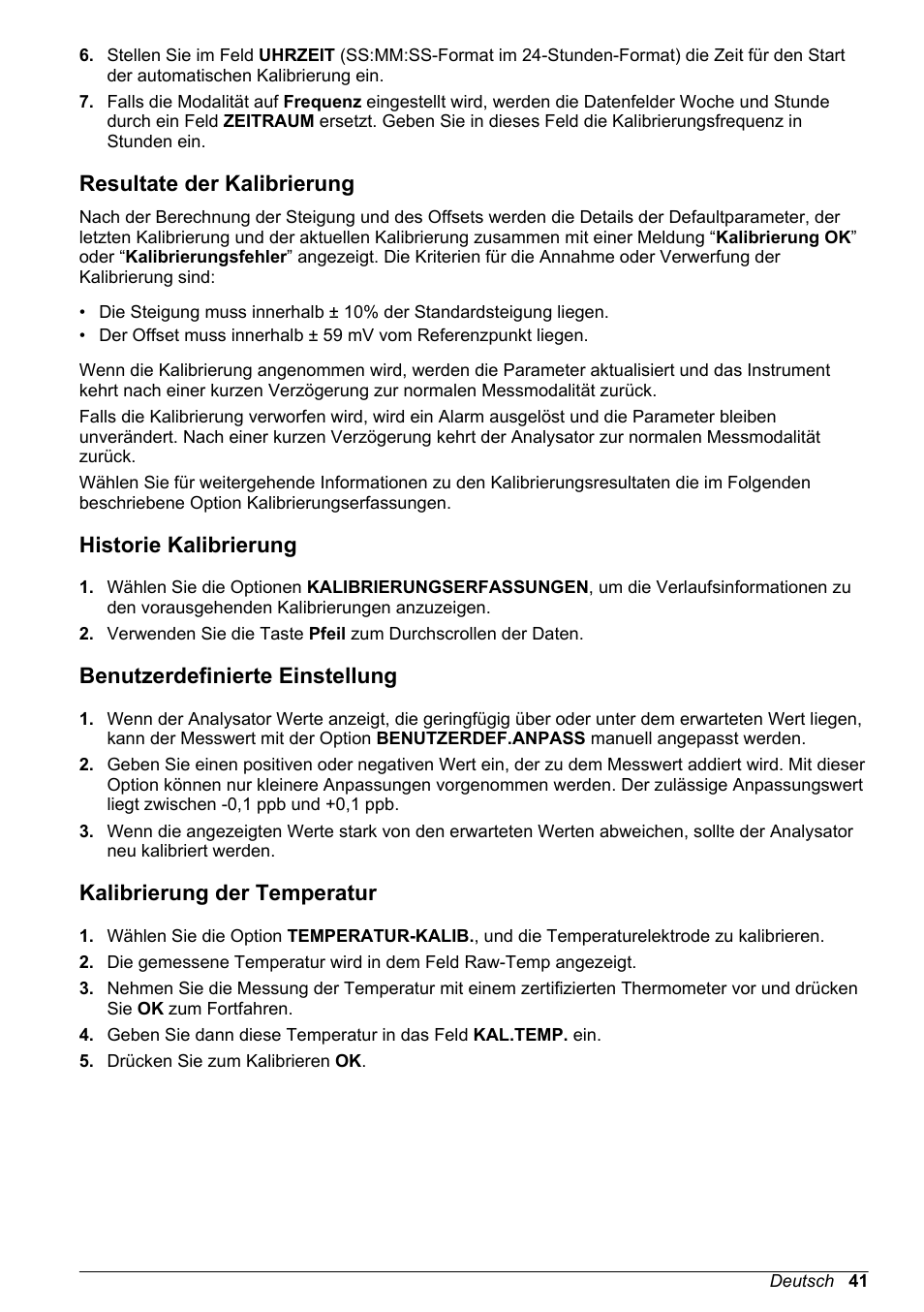 Resultate der kalibrierung, Historie kalibrierung, Benutzerdefinierte einstellung | Kalibrierung der temperatur | Hach-Lange POLYMETRON 9245 Basic User Manual User Manual | Page 41 / 110