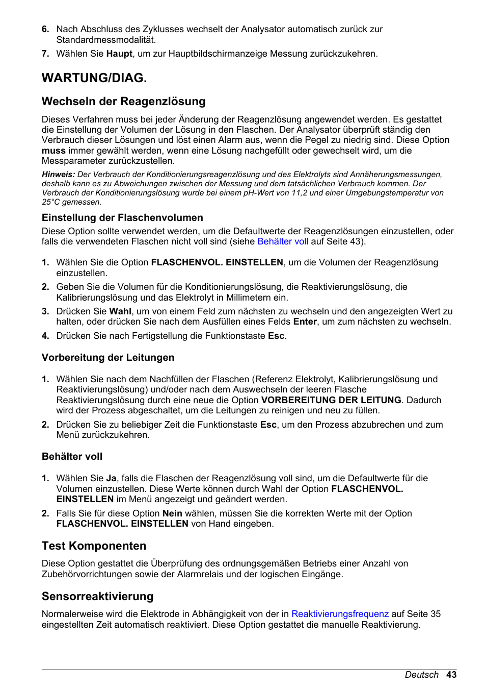 Wartung/‍diag, Wechseln der reagenzlösung, Einstellung der flaschenvolumen | Vorbereitung der leitungen, Behälter voll, Test komponenten, Sensorreaktivierung, Wartung/diag | Hach-Lange POLYMETRON 9245 Basic User Manual User Manual | Page 43 / 110