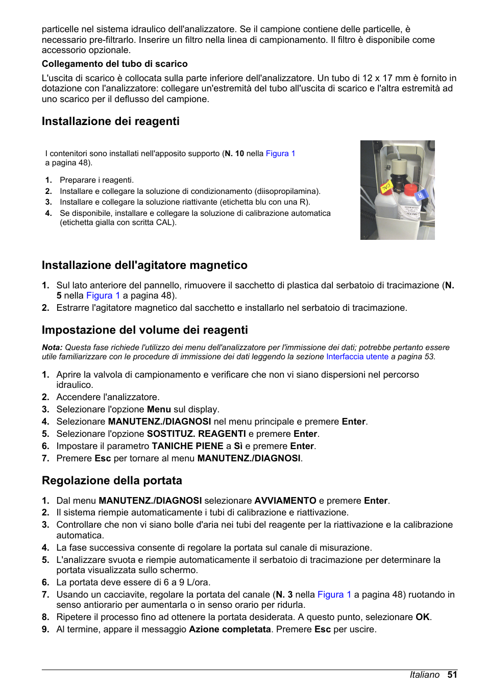 Installazione dei reagenti, Installazione dell'agitatore magnetico, Impostazione del volume dei reagenti | Regolazione della portata | Hach-Lange POLYMETRON 9245 Basic User Manual User Manual | Page 51 / 110