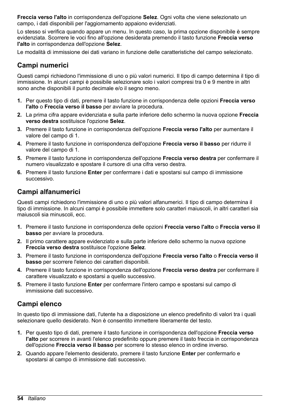 Campi numerici, Campi alfanumerici, Campi elenco | Hach-Lange POLYMETRON 9245 Basic User Manual User Manual | Page 54 / 110