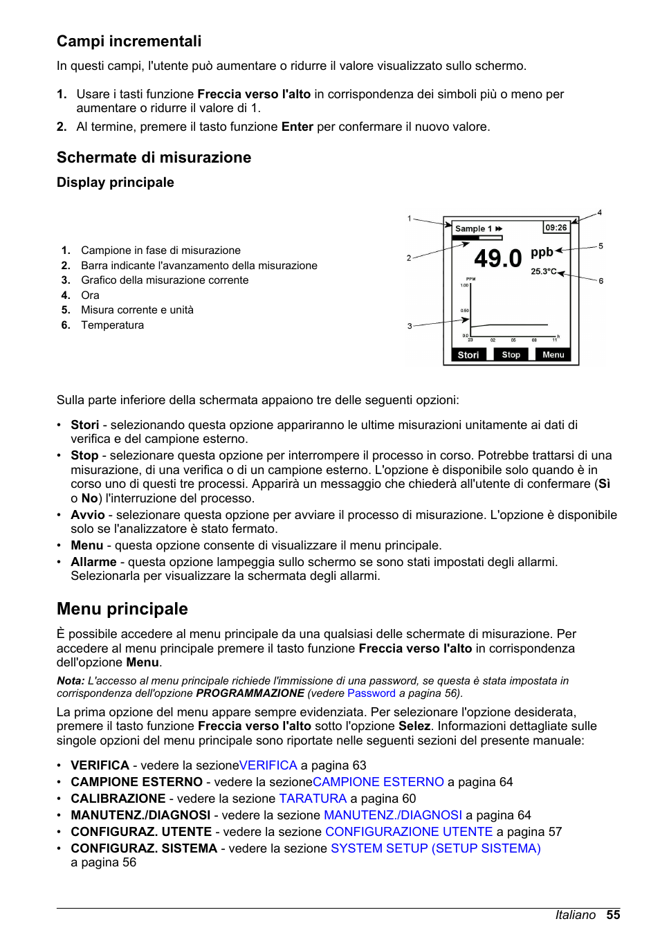 Campi incrementali, Schermate di misurazione, Display principale | Menu principale | Hach-Lange POLYMETRON 9245 Basic User Manual User Manual | Page 55 / 110