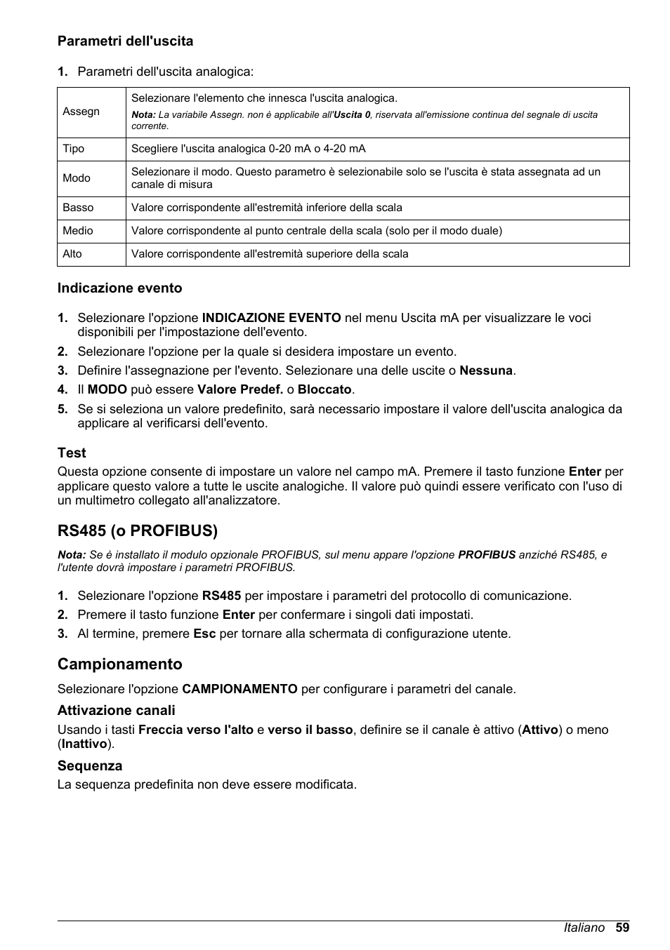 Parametri dell'uscita, Indicazione evento, Test | Rs485 (o profibus), Campionamento, Attivazione canali, Sequenza | Hach-Lange POLYMETRON 9245 Basic User Manual User Manual | Page 59 / 110