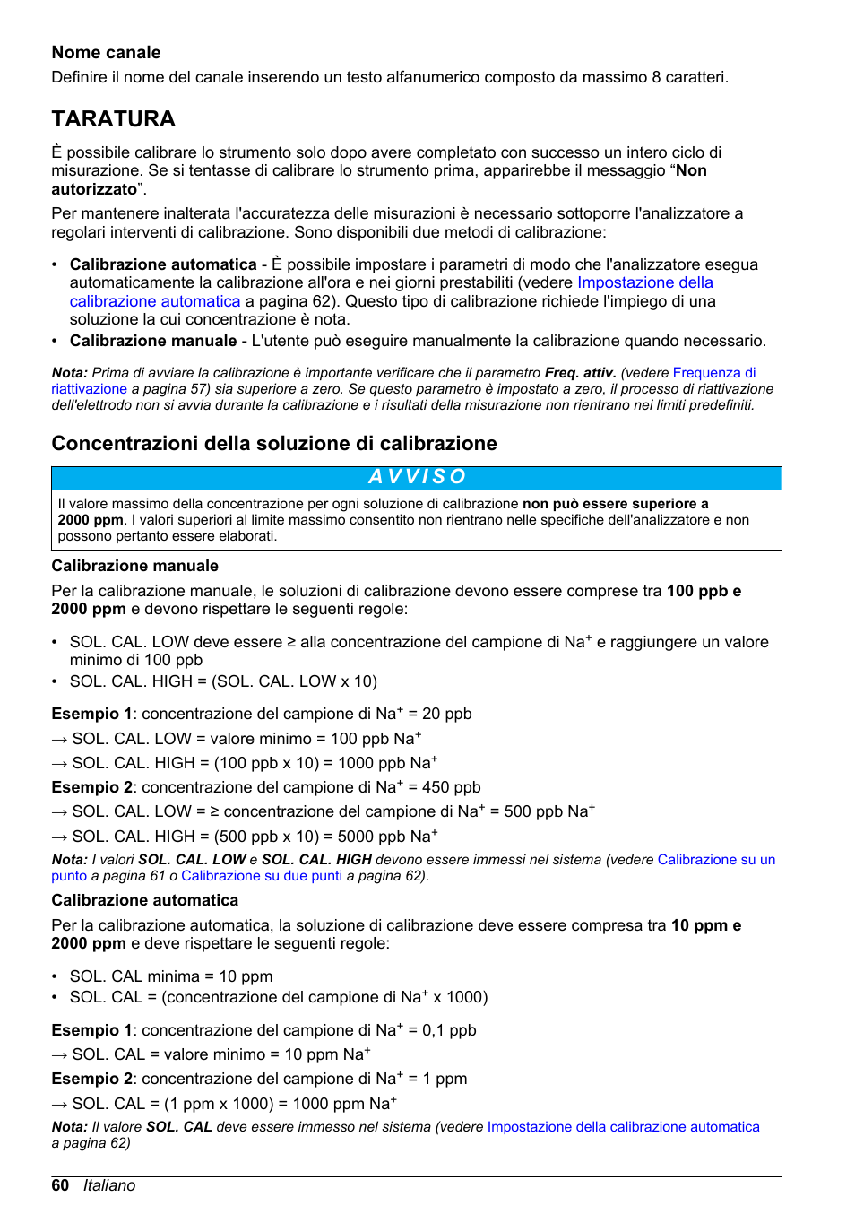 Nome canale, Taratura, Concentrazioni della soluzione di calibrazione | Vedere la sezione | Hach-Lange POLYMETRON 9245 Basic User Manual User Manual | Page 60 / 110