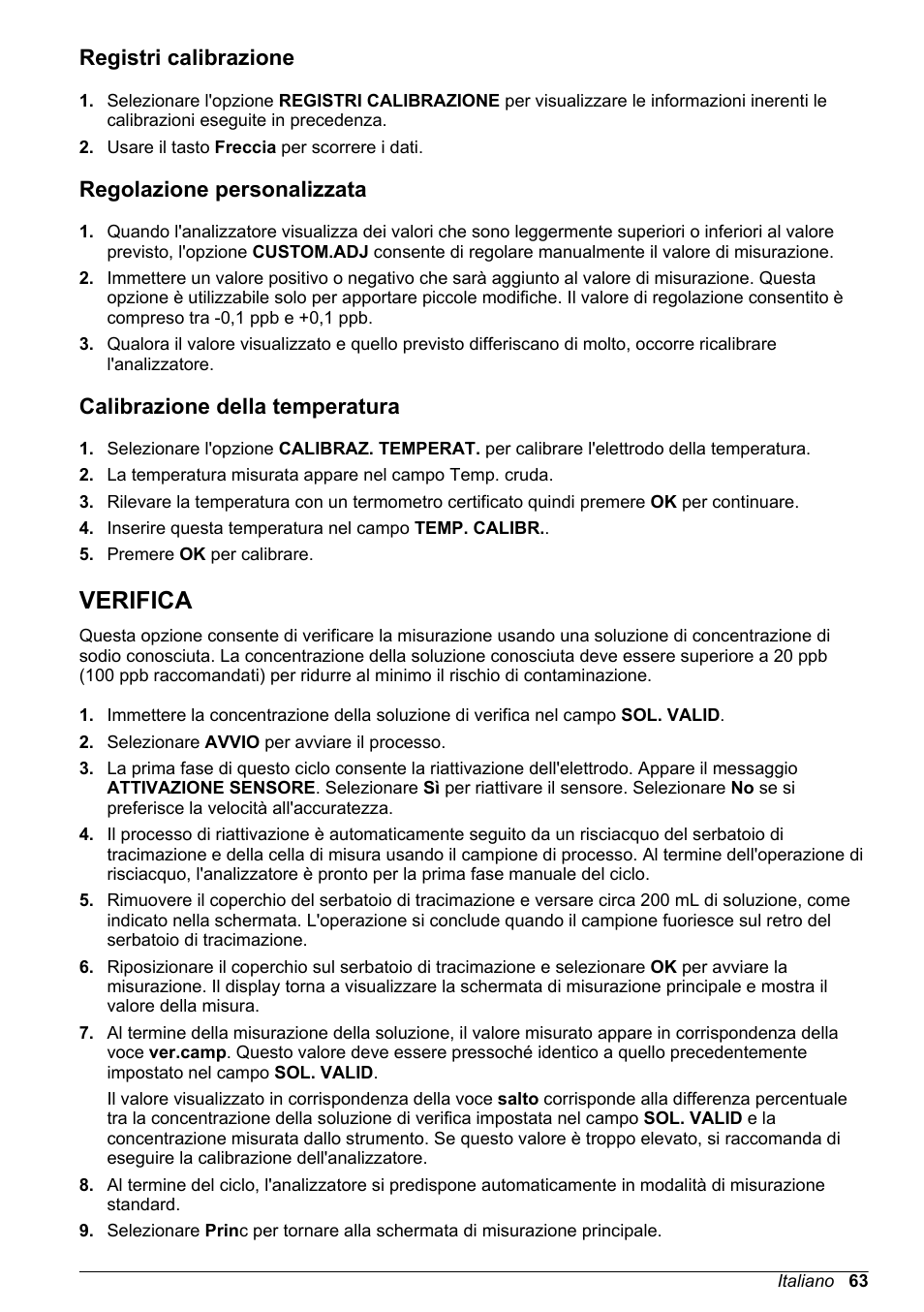 Registri calibrazione, Regolazione personalizzata, Calibrazione della temperatura | Verifica | Hach-Lange POLYMETRON 9245 Basic User Manual User Manual | Page 63 / 110