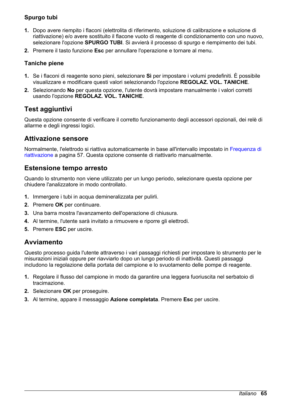 Spurgo tubi, Taniche piene, Test aggiuntivi | Attivazione sensore, Estensione tempo arresto, Avviamento | Hach-Lange POLYMETRON 9245 Basic User Manual User Manual | Page 65 / 110