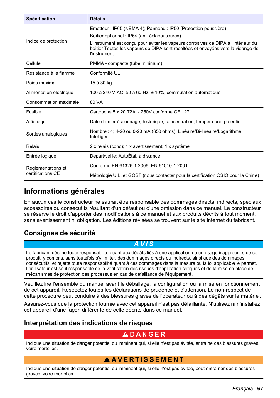 Informations générales, Consignes de sécurité, Interprétation des indications de risques | Hach-Lange POLYMETRON 9245 Basic User Manual User Manual | Page 67 / 110