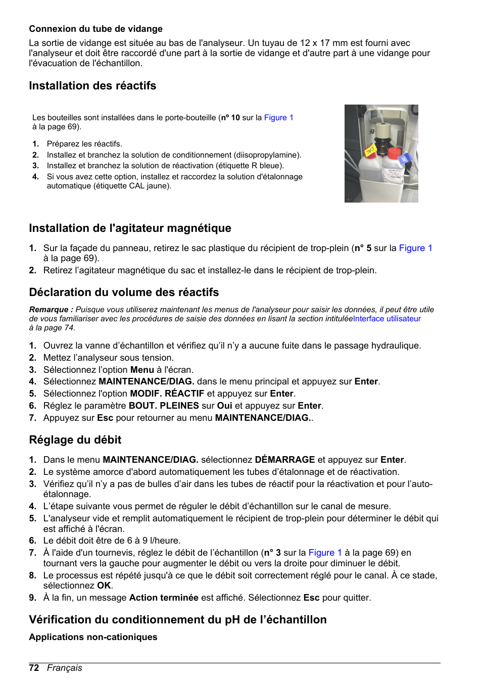 Installation des réactifs, Installation de l'agitateur magnétique, Déclaration du volume des réactifs | Réglage du débit | Hach-Lange POLYMETRON 9245 Basic User Manual User Manual | Page 72 / 110