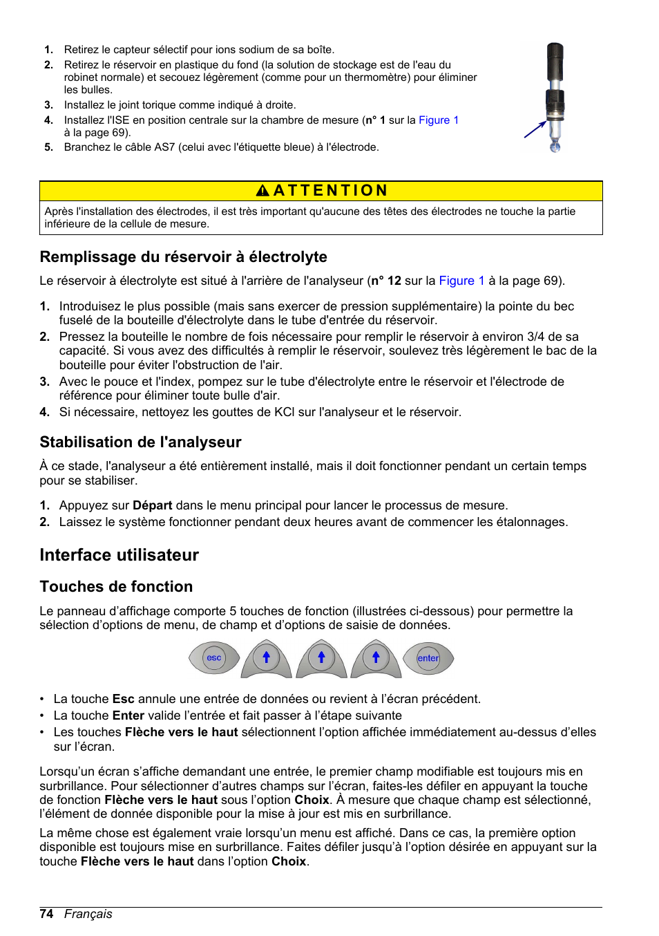 Remplissage du réservoir à électrolyte, Stabilisation de l'analyseur, Interface utilisateur | Touches de fonction | Hach-Lange POLYMETRON 9245 Basic User Manual User Manual | Page 74 / 110