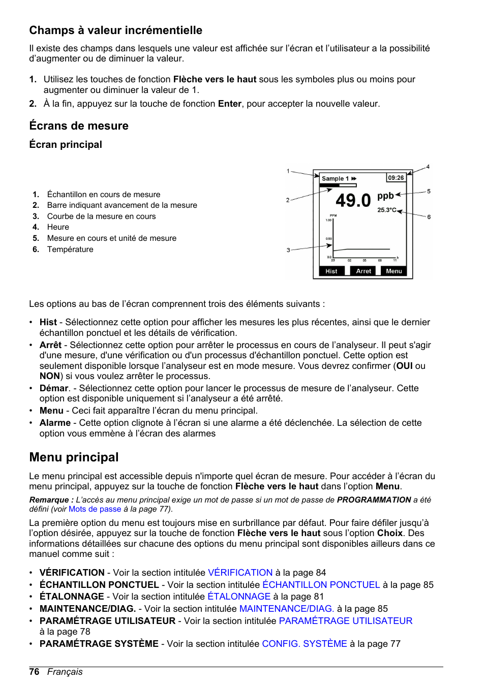 Champs à valeur incrémentielle, Écrans de mesure, Écran principal | Menu principal | Hach-Lange POLYMETRON 9245 Basic User Manual User Manual | Page 76 / 110