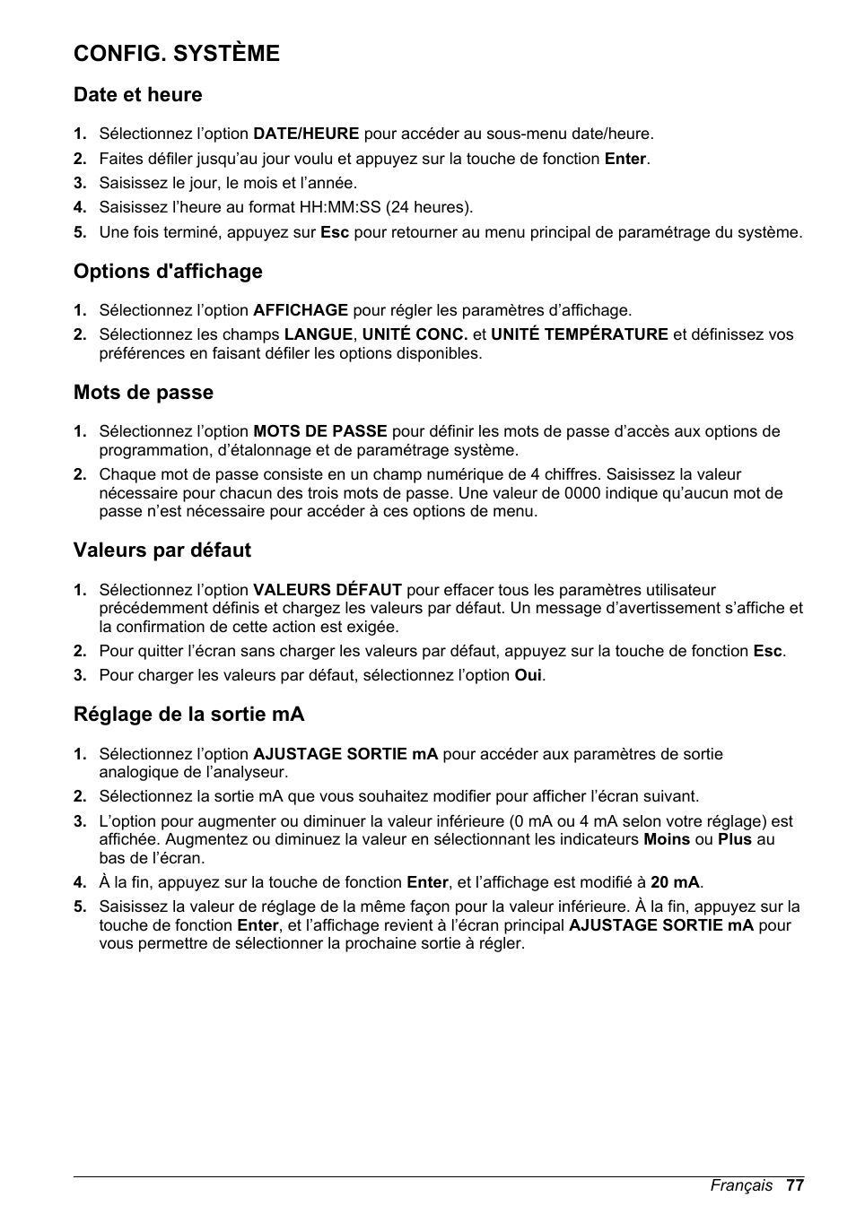 Config. système, Date et heure, Options d'affichage | Mots de passe, Valeurs par défaut, Réglage de la sortie ma | Hach-Lange POLYMETRON 9245 Basic User Manual User Manual | Page 77 / 110