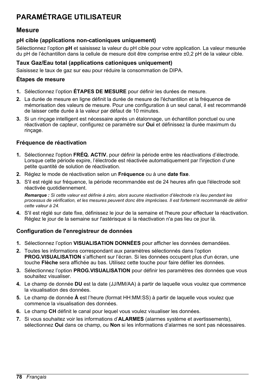 Paramétrage utilisateur, Mesure, Ph cible (applications non-cationiques uniquement) | Étapes de mesure, Fréquence de réactivation, Configuration de l'enregistreur de données, Taux gaz/eau total (applications cationiques, Uniquement), Voir la section intitulée | Hach-Lange POLYMETRON 9245 Basic User Manual User Manual | Page 78 / 110