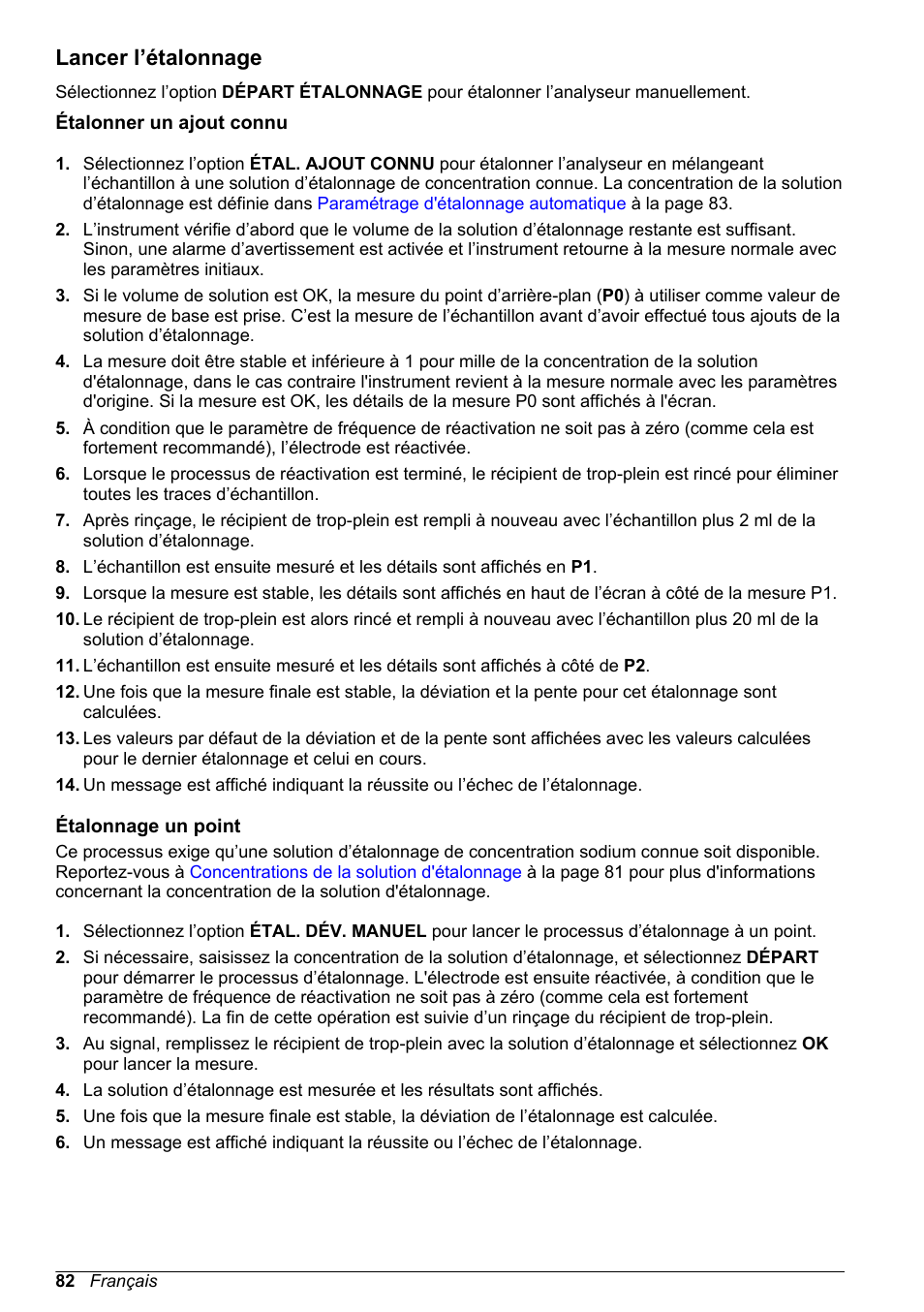 Lancer l’étalonnage, Étalonner un ajout connu, Étalonnage un point | Étalonnage un, Point | Hach-Lange POLYMETRON 9245 Basic User Manual User Manual | Page 82 / 110