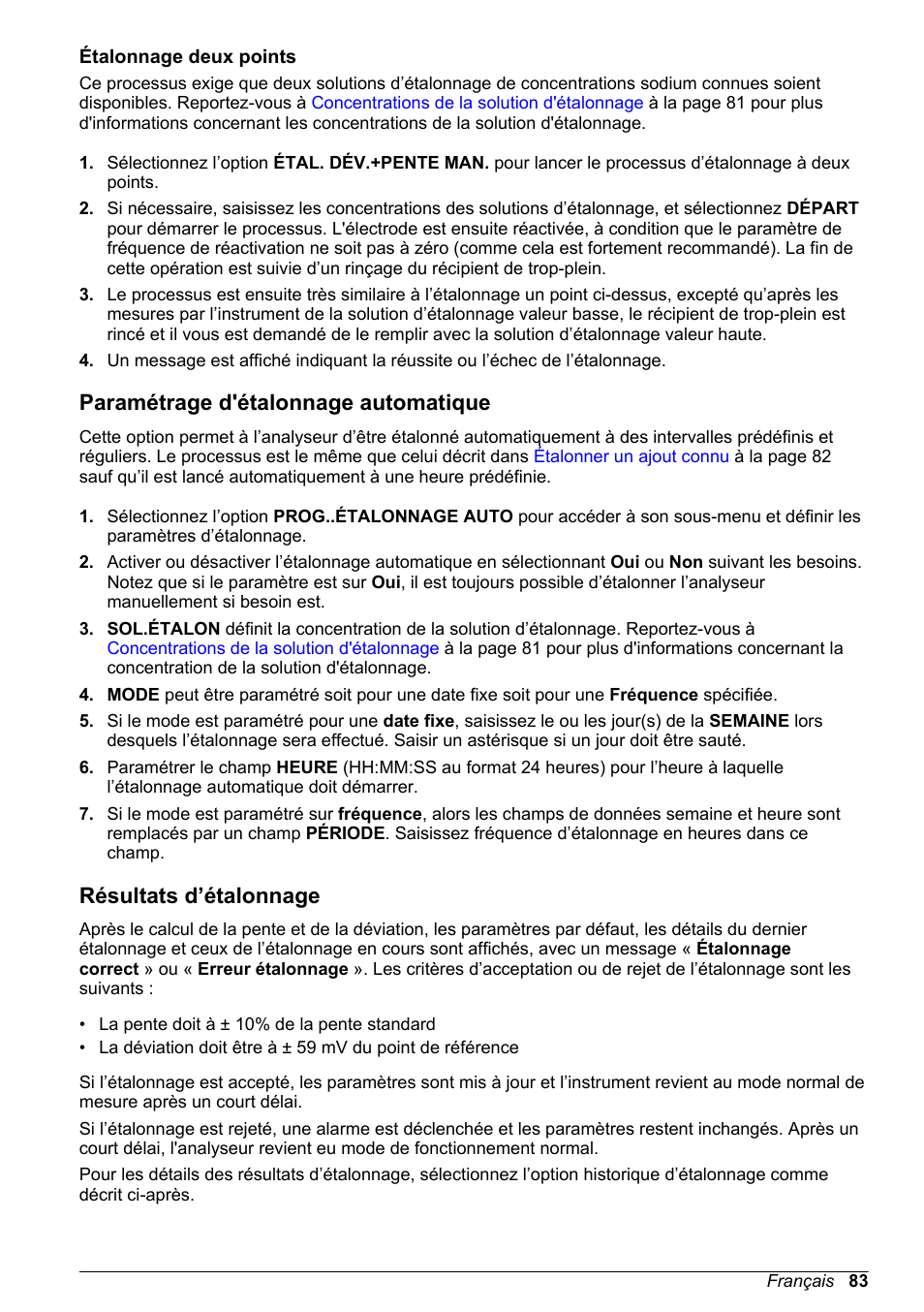 Étalonnage deux points, Paramétrage d'étalonnage automatique, Résultats d’étalonnage | Paramétrage d'étalonnage, Automatique, D’étalonnage est définie dans | Hach-Lange POLYMETRON 9245 Basic User Manual User Manual | Page 83 / 110