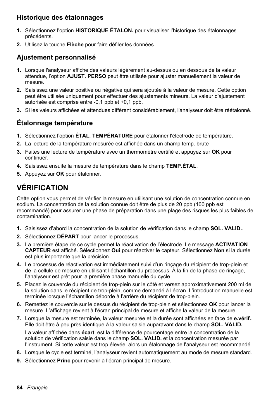 Historique des étalonnages, Ajustement personnalisé, Étalonnage température | Vérification | Hach-Lange POLYMETRON 9245 Basic User Manual User Manual | Page 84 / 110
