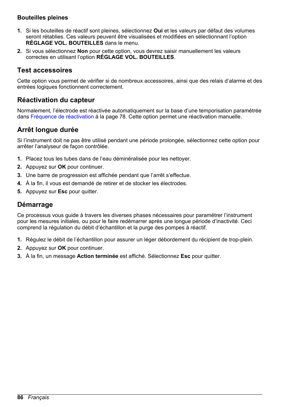 Bouteilles pleines, Test accessoires, Réactivation du capteur | Arrêt longue durée, Démarrage | Hach-Lange POLYMETRON 9245 Basic User Manual User Manual | Page 86 / 110