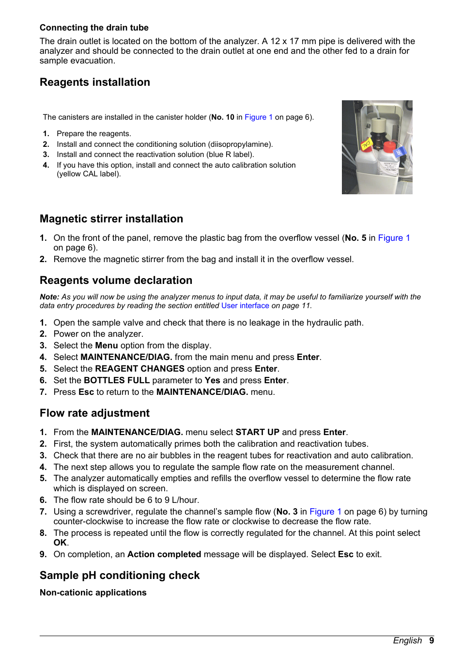 Reagents installation, Magnetic stirrer installation, Reagents volume declaration | Flow rate adjustment, Sample ph conditioning check | Hach-Lange POLYMETRON 9245 Basic User Manual User Manual | Page 9 / 110