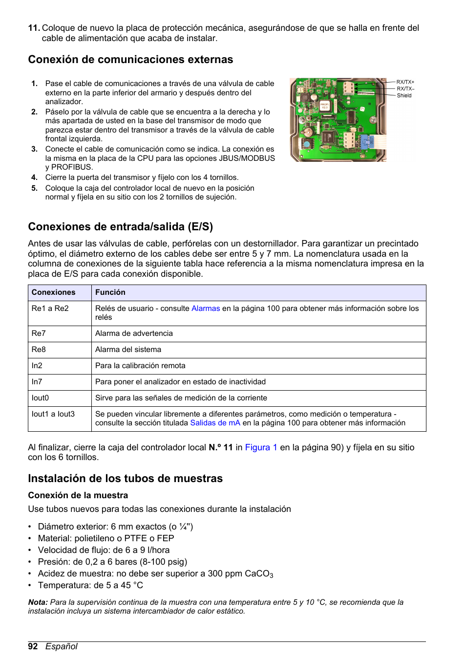 Conexión de comunicaciones externas, Conexiones de entrada/‍salida (e/‍s), Instalación de los tubos de muestras | Conexiones de entrada/salida (e/s) | Hach-Lange POLYMETRON 9245 Basic User Manual User Manual | Page 92 / 110