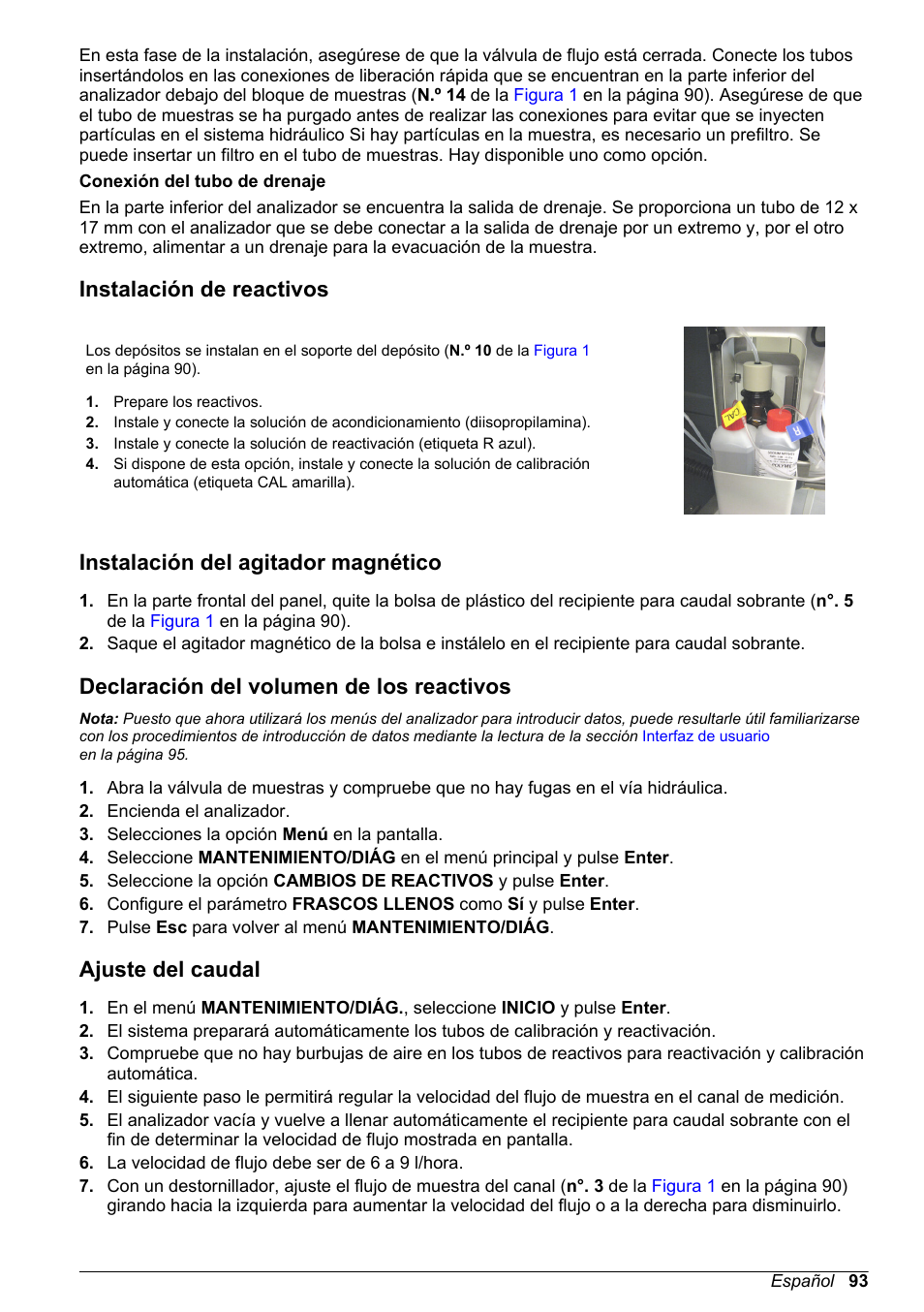 Instalación de reactivos, Instalación del agitador magnético, Declaración del volumen de los reactivos | Ajuste del caudal | Hach-Lange POLYMETRON 9245 Basic User Manual User Manual | Page 93 / 110