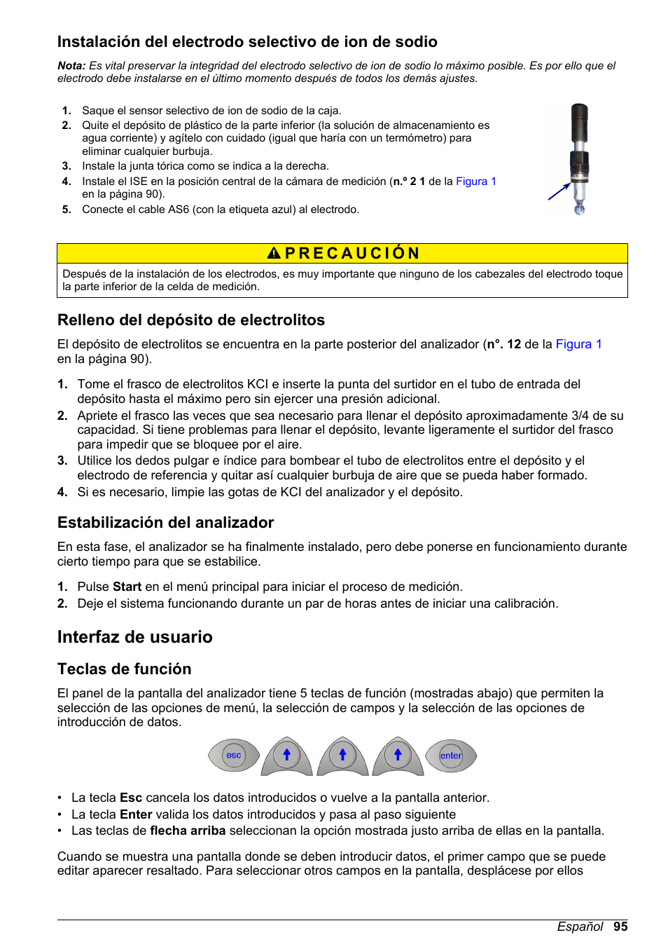 Relleno del depósito de electrolitos, Estabilización del analizador, Interfaz de usuario | Teclas de función | Hach-Lange POLYMETRON 9245 Basic User Manual User Manual | Page 95 / 110