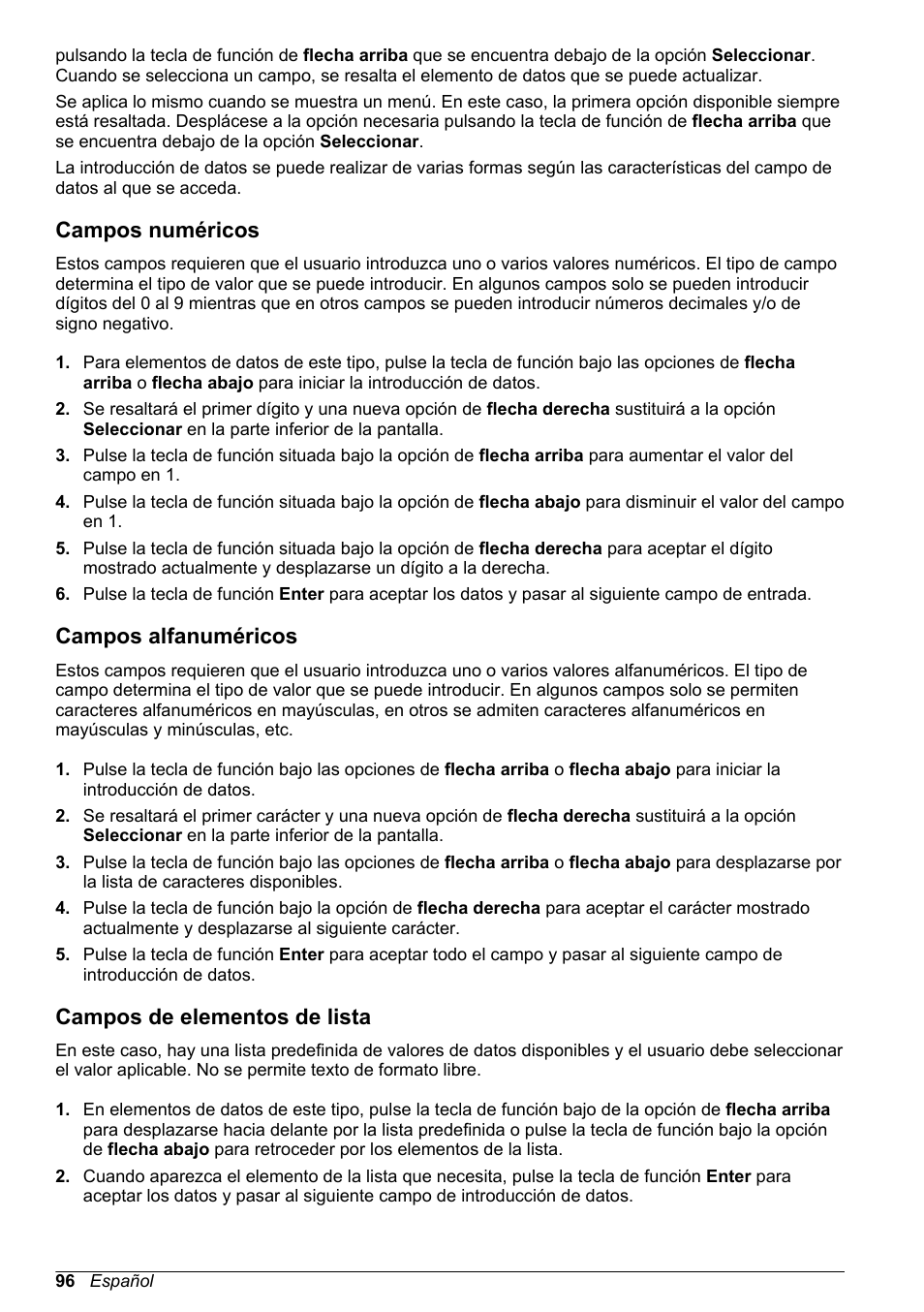 Campos numéricos, Campos alfanuméricos, Campos de elementos de lista | Hach-Lange POLYMETRON 9245 Basic User Manual User Manual | Page 96 / 110