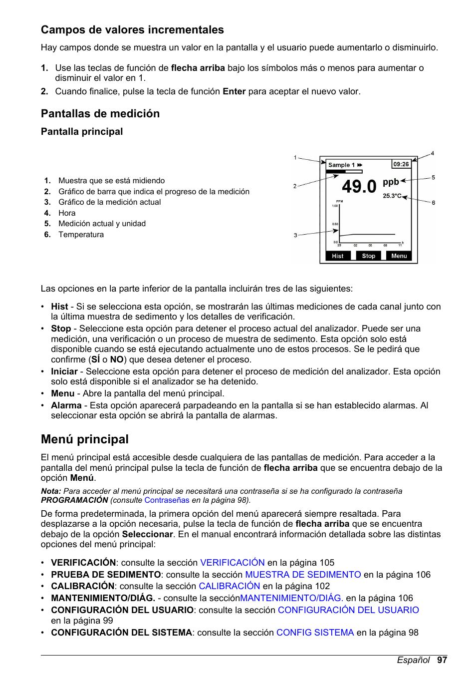Campos de valores incrementales, Pantallas de medición, Pantalla principal | Menú principal | Hach-Lange POLYMETRON 9245 Basic User Manual User Manual | Page 97 / 110