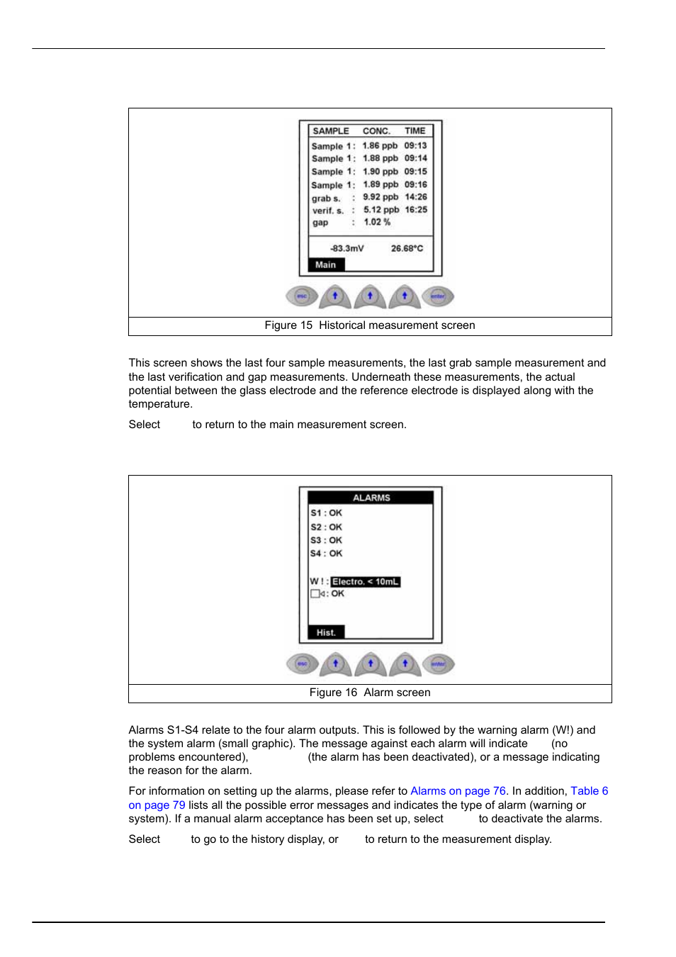 2 historical display, 3 alarms screen, 2 historical display 5.2.3 alarms screen | Urements (see | Hach-Lange POLYMETRON 9245 User Manual User Manual | Page 60 / 132