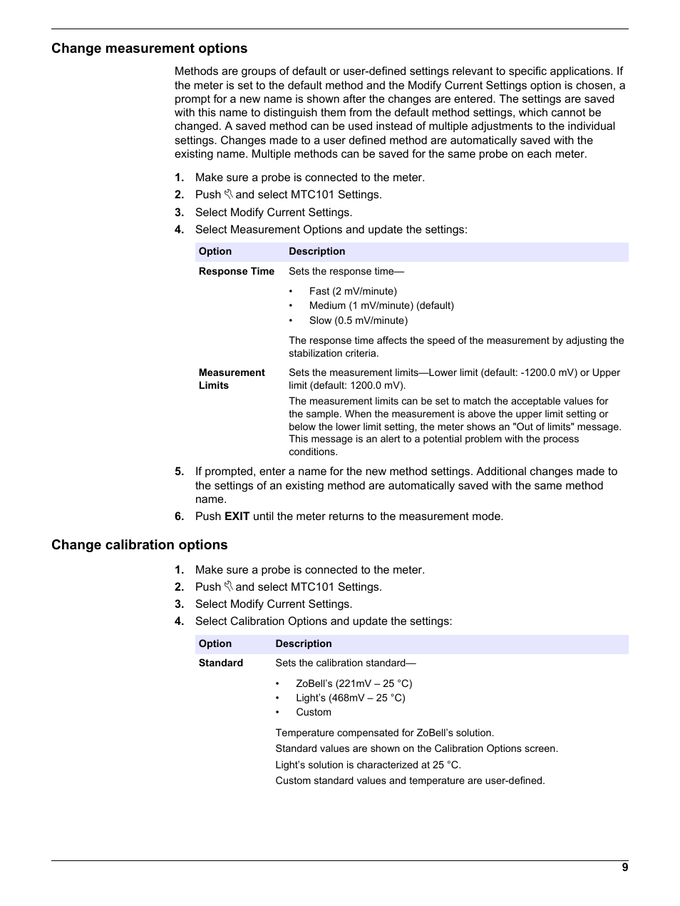 Change measurement options, Change calibration options | Hach-Lange MTC10130 User Manual | Page 9 / 16