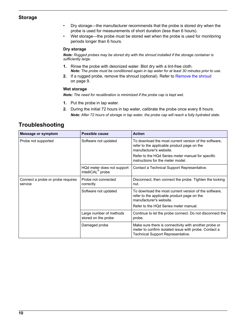 Storage, Troubleshooting, If a calibration error occurs, refer to | If a measurement error occurs, refer to | Hach-Lange LDO10130 User Manual | Page 10 / 12