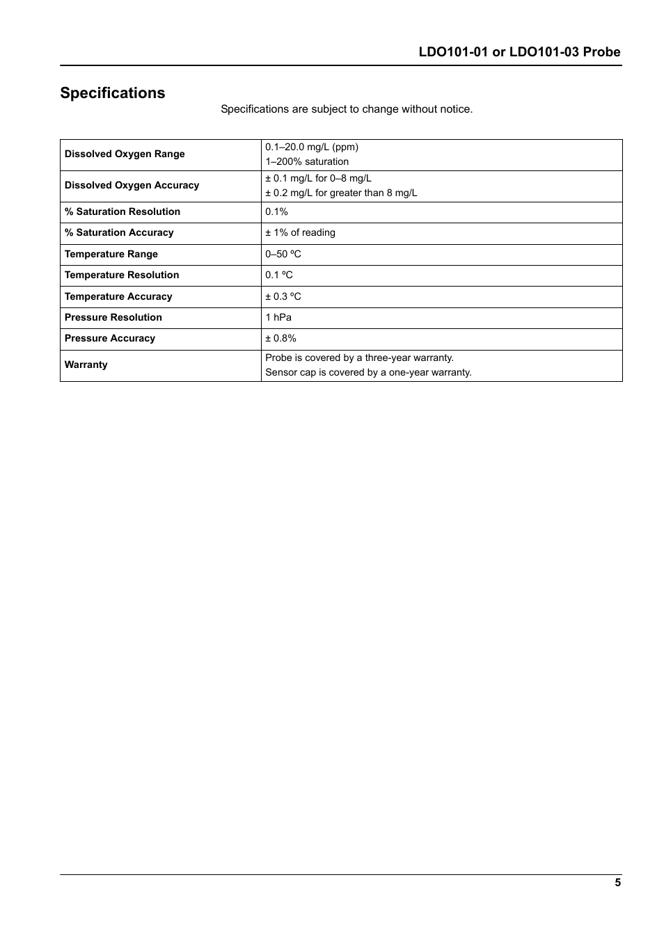 Specifications | Hach-Lange LDO101-03 User Manual | Page 5 / 6