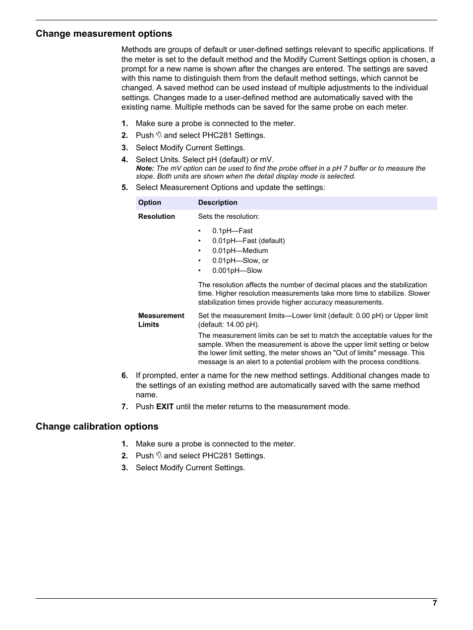 Change measurement options, Change calibration options | Hach-Lange PHC28103 User Manual | Page 7 / 14