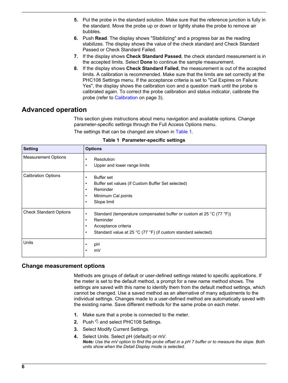 Advanced operation, Change measurement options | Hach-Lange PHC108 User Manual | Page 6 / 14