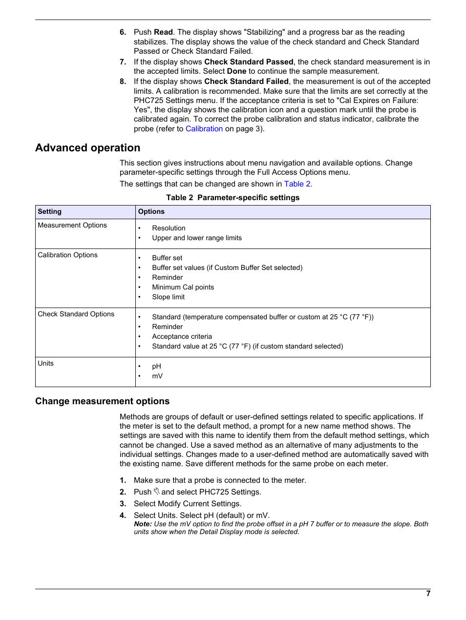 Advanced operation, Change measurement options | Hach-Lange PHC725 User Manual | Page 7 / 16