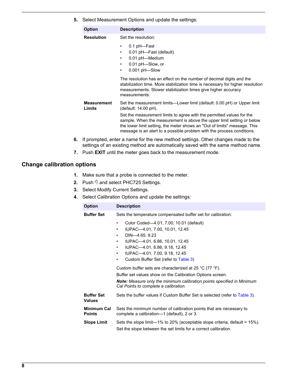 Change calibration options | Hach-Lange PHC725 User Manual | Page 8 / 16