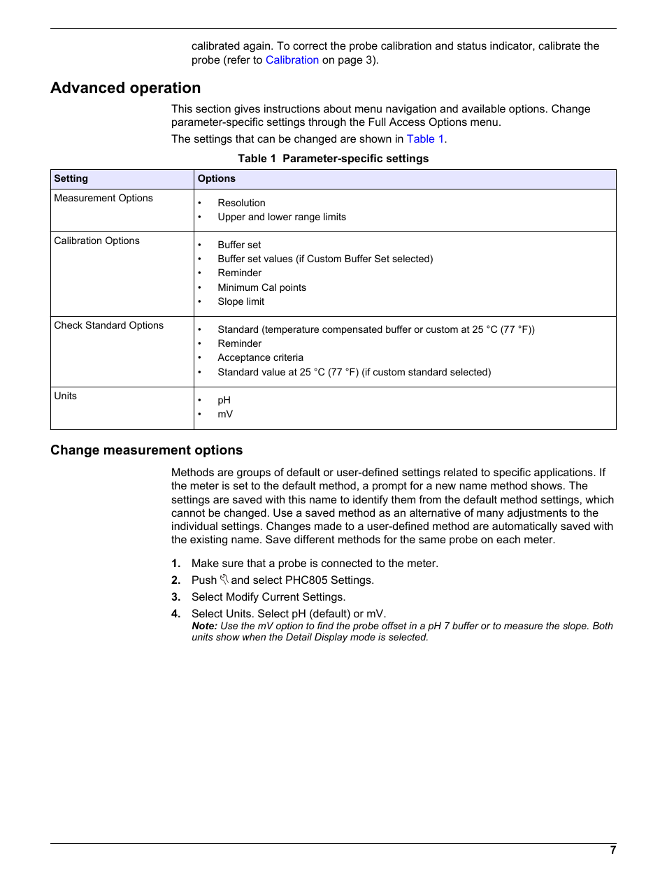 Advanced operation, Change measurement options | Hach-Lange PHC805 User Manual User Manual | Page 7 / 16