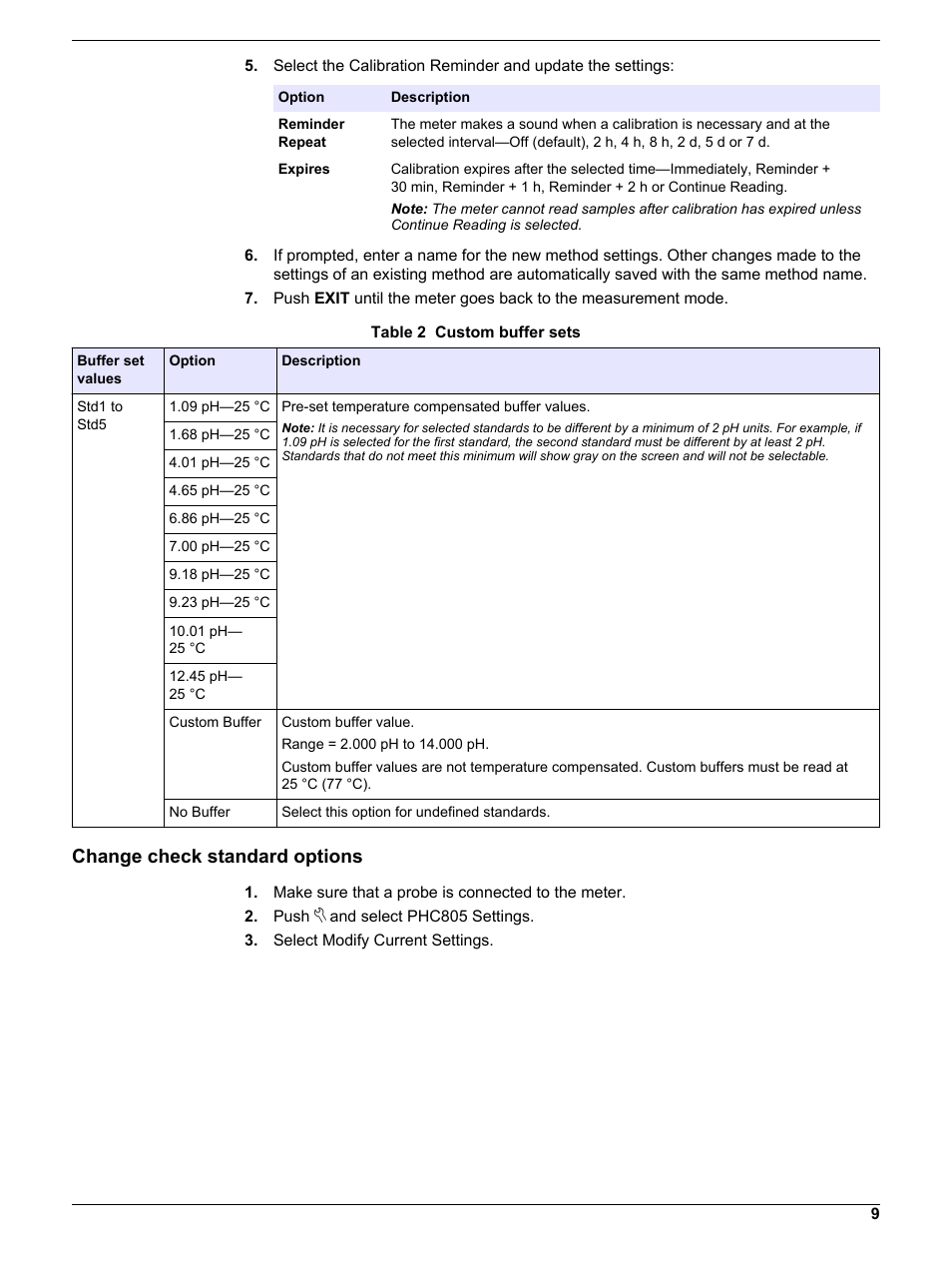 Change check standard options | Hach-Lange PHC805 User Manual User Manual | Page 9 / 16
