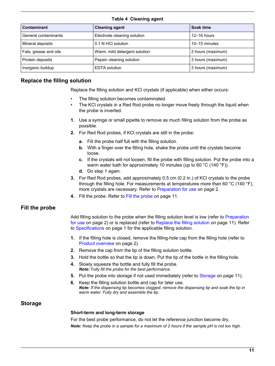 Replace the filling solution, Fill the probe, Storage | Hach-Lange PHC705 User Manual | Page 11 / 16