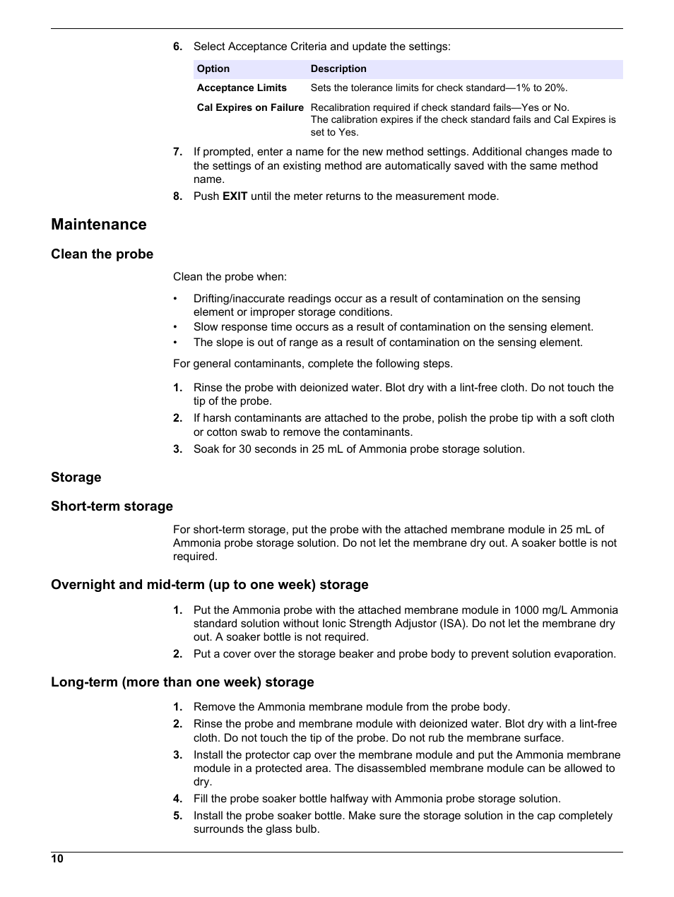 Maintenance, Clean the probe, Storage | Short-term storage, Overnight and mid-term (up to one week) storage, Long-term (more than one week) storage | Hach-Lange ISENH318103 User Manual User Manual | Page 10 / 14