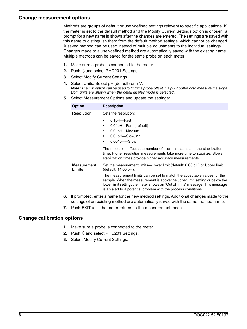 Change measurement options, Change calibration options | Hach-Lange PHC20103 User Manual User Manual | Page 6 / 14