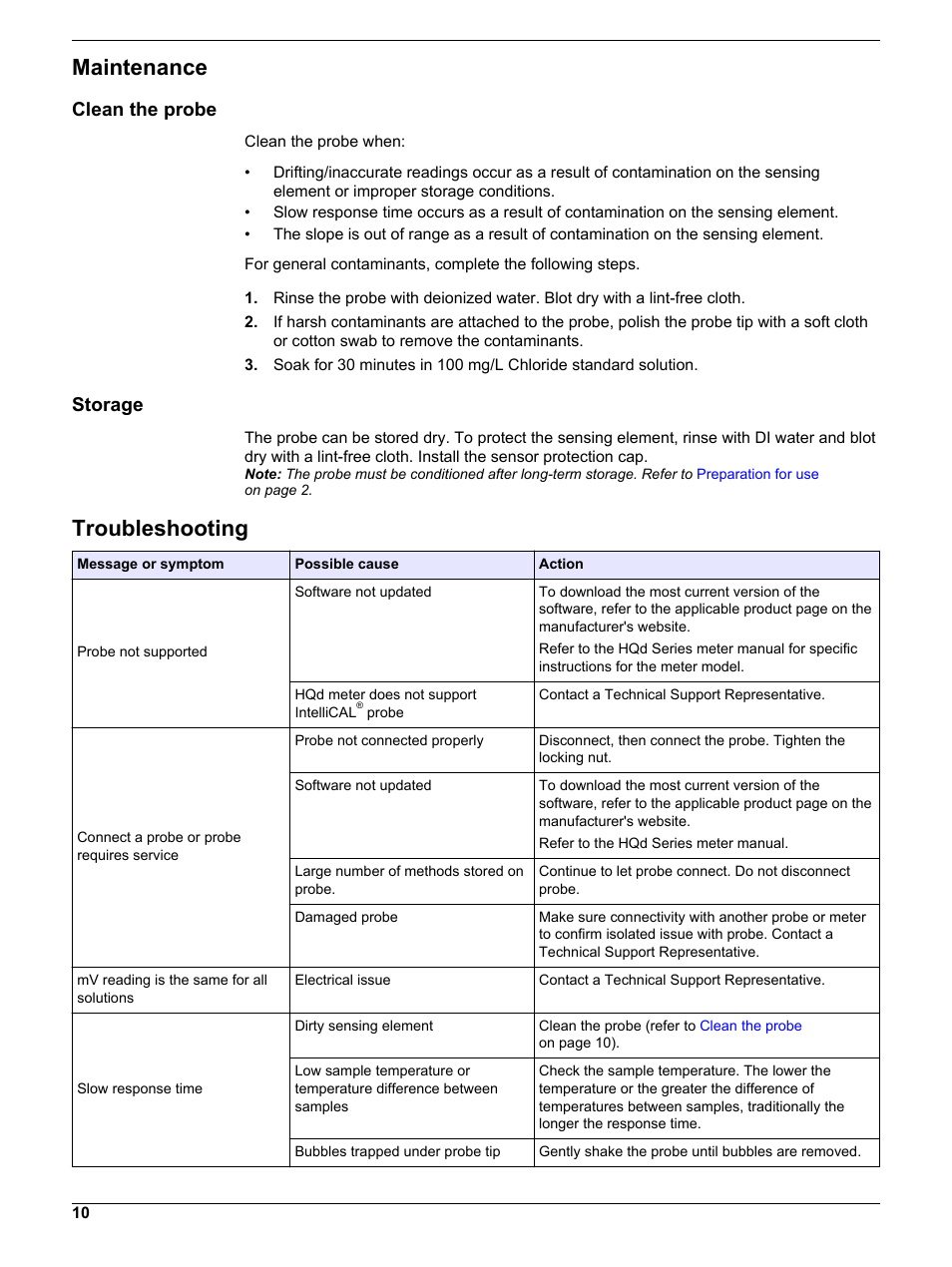 Maintenance, Clean the probe, Storage | Troubleshooting, If a measurement error occurs, refer to, Clean, The probe | Hach-Lange ISECL18103 User Manual User Manual | Page 10 / 14