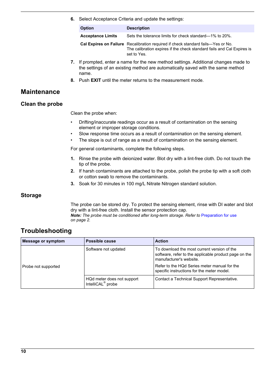 Maintenance, Clean the probe, Storage | Troubleshooting, If a measurement error occurs, refer to | Hach-Lange ISENO318103 User Manual User Manual | Page 10 / 14