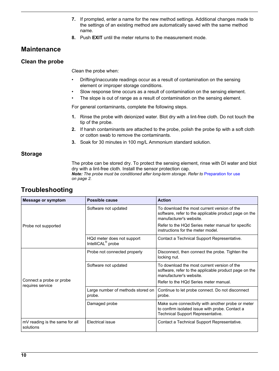 Maintenance, Clean the probe, Storage | Troubleshooting, If a measurement error occurs, refer to | Hach-Lange ISENH418103 User Manual User Manual | Page 10 / 14