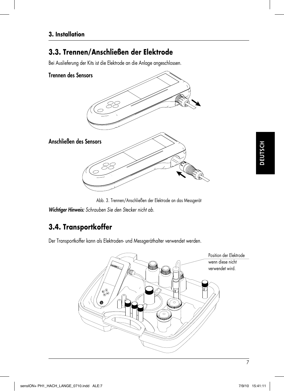 Trennen/anschließen der elektrode, Transportkoffer | Hach-Lange SENSION+ PH1 User Manual | Page 33 / 74