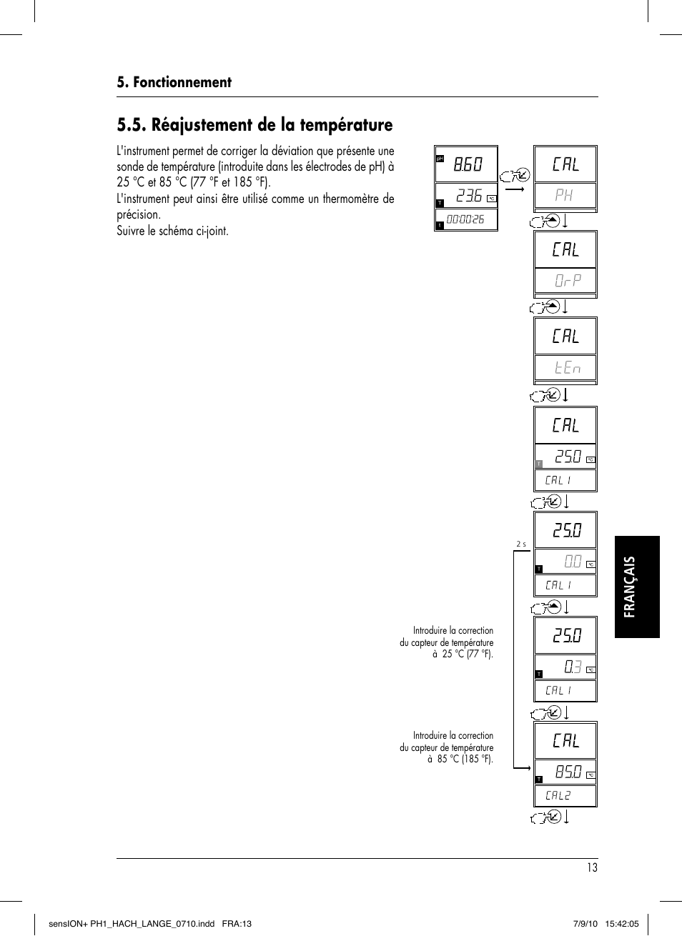 Réajustement de la température, Fonctionnement français | Hach-Lange SENSION+ PH1 User Manual | Page 61 / 74